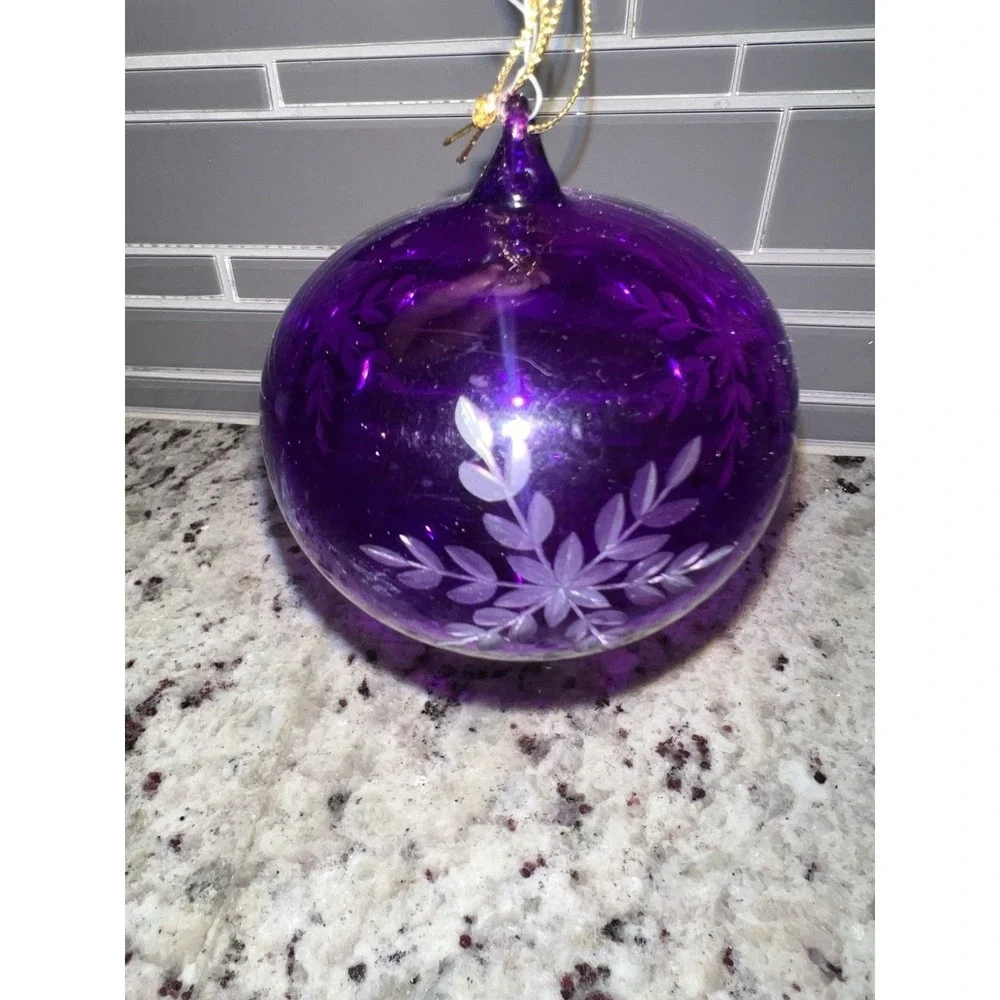 Hand Blown Purple Etched‎ Art Glass Ornament Snowflake Teardrop Christmas Decor